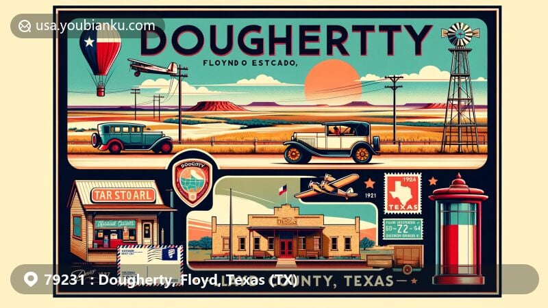 Modern illustration of Dougherty, Floyd County, Texas, showcasing iconic flat landscapes of the Llano Estacado region and small community vibe with a vintage air mail envelope featuring Texas state postage stamp and ZIP code 79231.