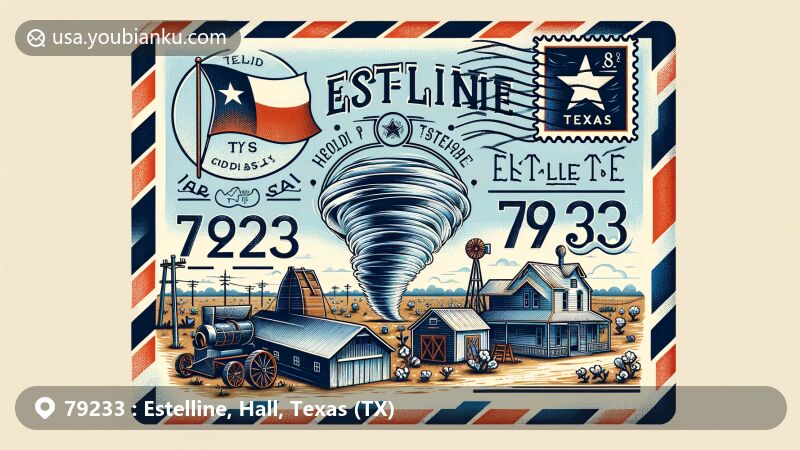 Retro-style illustration of Estelline, Texas, postal theme with iconic elements like Texas flag stamp, 'Estelline, TX 79233' postmark, depicting town's history and geography, including junction of U.S. Highway 287 and State Highway 86, Red River, and historical railway significance, featuring cotton gin and stable symbols.