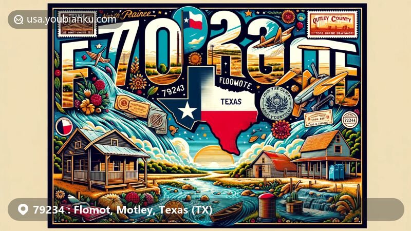 Modern illustration of Flomot, Motley County, Texas, showcasing rural landscapes and Texas symbols, including North Pease River, Quitaque Creek, state flag, vintage postcard design, Texas flag stamp, and old-fashioned mailbox.