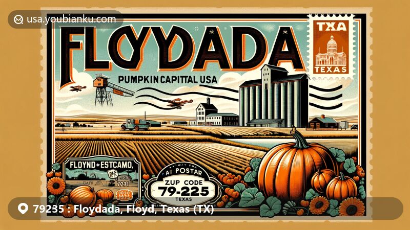 Modern illustration of Floydada, Texas, known as the 'Pumpkin Capital USA' with ZIP code 79235, featuring historical grain elevator and agricultural fields of the High Plains, framed by vintage air mail envelope.