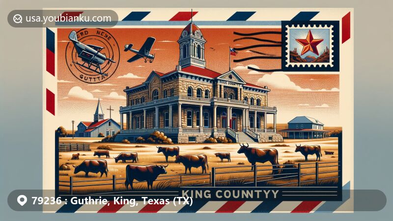 Vintage-style illustration of Guthrie, Texas, and King County, showcasing ranching heritage, featuring King County Courthouse, expansive ranch lands, cattle, and Texas landscape, designed as an airmail envelope with cowboy stamp and postmark.