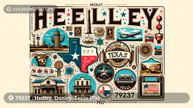 Modern illustration of Hedley, Texas, highlighting postal theme with ZIP code 79237, featuring Texas state flag and vintage postcard elements.
