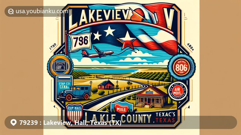 Modern illustration of Lakeview, Hall County, Texas, featuring State Highway 256 and the Texas Panhandle landscapes, with the Texas state flag and vintage postal elements like postcard design, air mail envelope border, and postal stamps for ZIP code 79239 and area code 806.