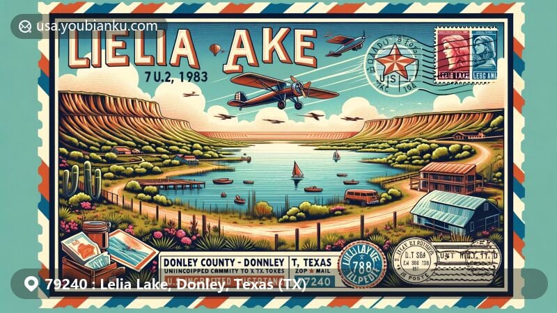 Modern illustration of Lelia Lake, Donley County, Texas, featuring ZIP code 79240, with scenic view against Texas landscape in vintage-style postcard design, highlighting U.S. Route 287 significance.