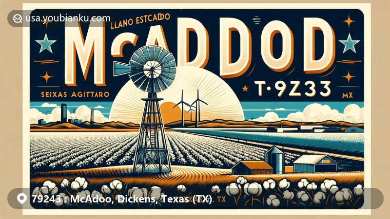 Modern illustration of McAdoo, Texas, showcasing rich agricultural history and modern advancements, featuring windmill and wind turbine, vast cotton fields, and Llano Estacado landscape with Caprock Escarpment in the background.