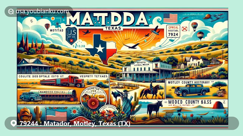 Modern illustration of Matador, Texas, with ZIP code 79244, capturing the semiarid climate and expansive landscapes, integrating historical and cultural elements from Motley County Historical Museum, and featuring vibrant postal themes.