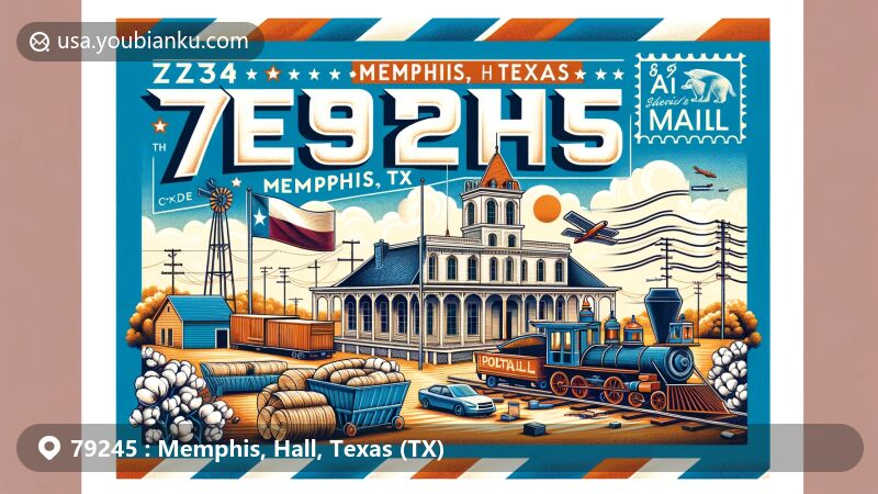 Modern illustration of Memphis, Hall County, Texas, highlighting postal theme with ZIP code 79245, featuring Memphis Cotton Oil Mill, homemade brick courthouse, unique train track story, Texas state flag, and Hall County silhouette.