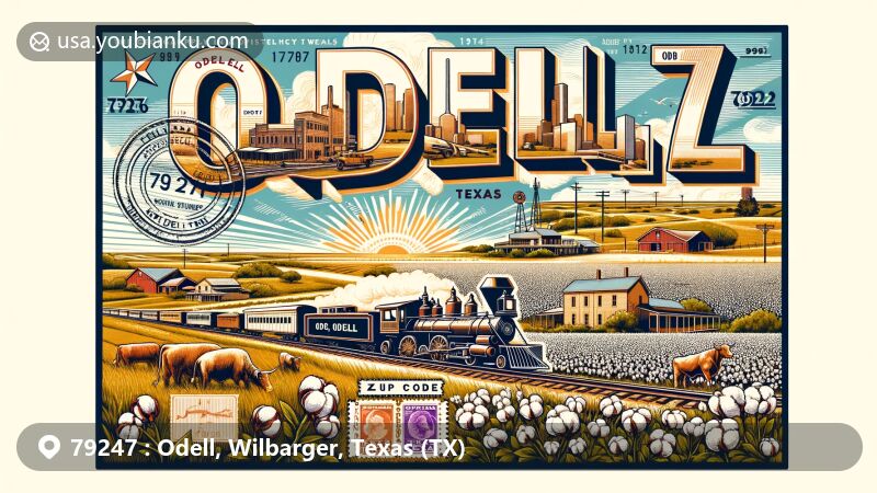 Modern illustration of Odell, Texas, showcasing railroad community origins, agricultural significance, and serene Texas landscapes, with vintage railroad, cotton fields, and vast plains, incorporating postcard layout, stamps, and postmark with ZIP code 79247.