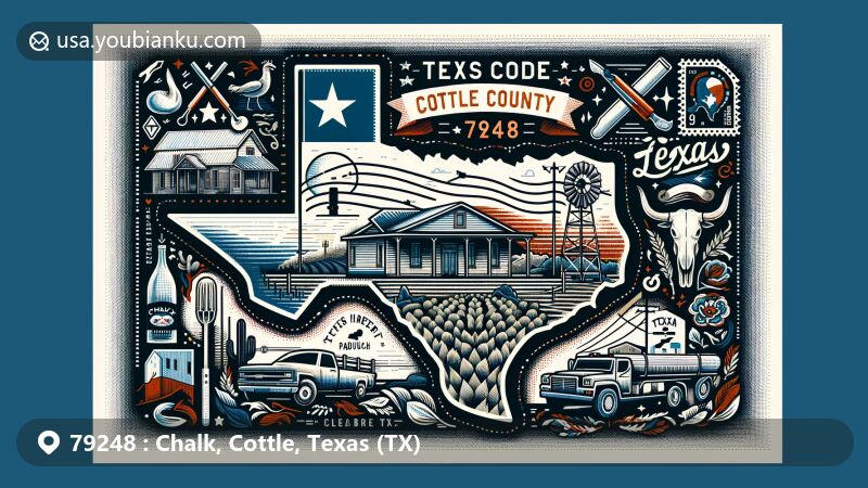Modern illustration of Cottle, Paducah, Texas, with a unique postal theme featuring ZIP code 79248.
