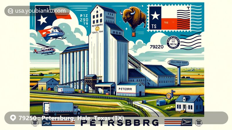 Modern illustration of Petersburg, Hale County, Texas, showcasing regional and postal fusion with ZIP code 79250, featuring iconic grain elevator with buffalo mascot, farmlands, and Texas state symbols.