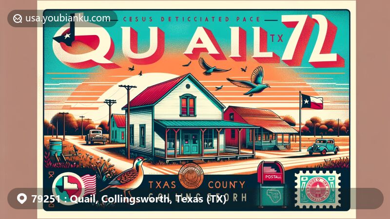 Modern illustration of Quail, Texas, in Collingsworth County, capturing rural charm with a general store, small hotel, and agricultural fields, featuring Texas state flag and Collingsworth County outline.