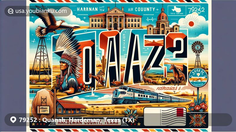 Illustration of Quanah, Hardeman County, Texas, representing ZIP code 79252 with vintage postcard layout and modern style elements, featuring iconic symbols like Hardeman County Courthouse, Quanah Parker tribute, and Quanah, Acme & Pacific Railway Depot.