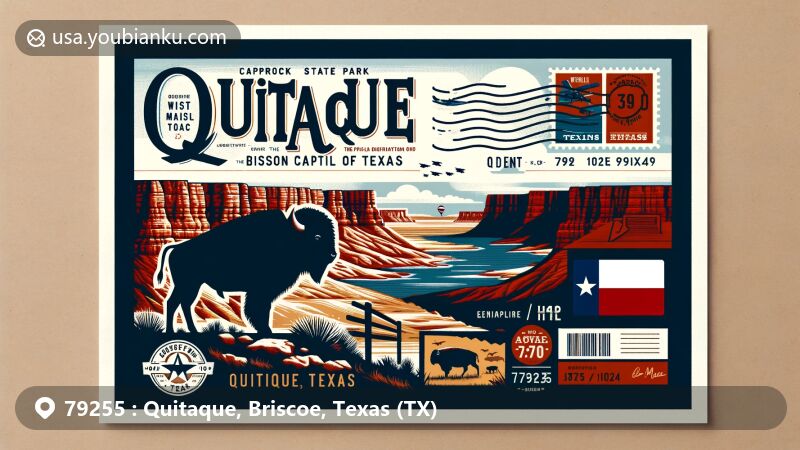 Modern illustration of Quitaque, Texas, featuring Caprock Canyons State Park, red rock formations, and canyons, highlighting the area's natural beauty and Bison Capital of Texas theme with vintage postal elements and Texas state flag.