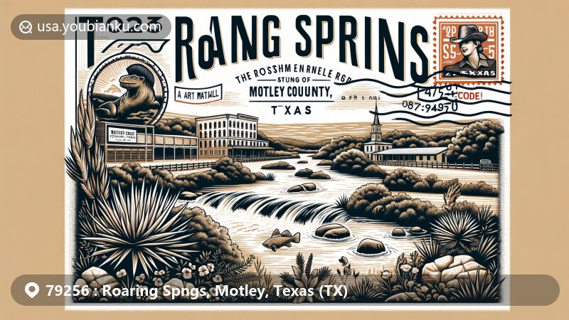 Modern illustration of Roaring Springs, Motley County, Texas, showcasing postal theme with ZIP code 79256, highlighting natural beauty of Texas Panhandle, Dutchman Creek, local flora, and town's historical aspect with Matador Ranch and transformed hotel.