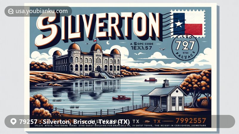Modern illustration of Silverton, Texas, emphasizing postcard design with ZIP code 79257, featuring Lake Mackenzie, Old Jail Museum, Texas state symbols, and vintage postal elements.