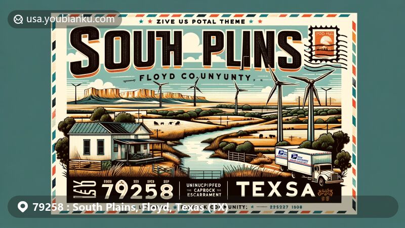 Modern illustration of South Plains, Floyd County, Texas, showcasing postal theme with ZIP code 79258, featuring wind farm and Caprock escarpment.