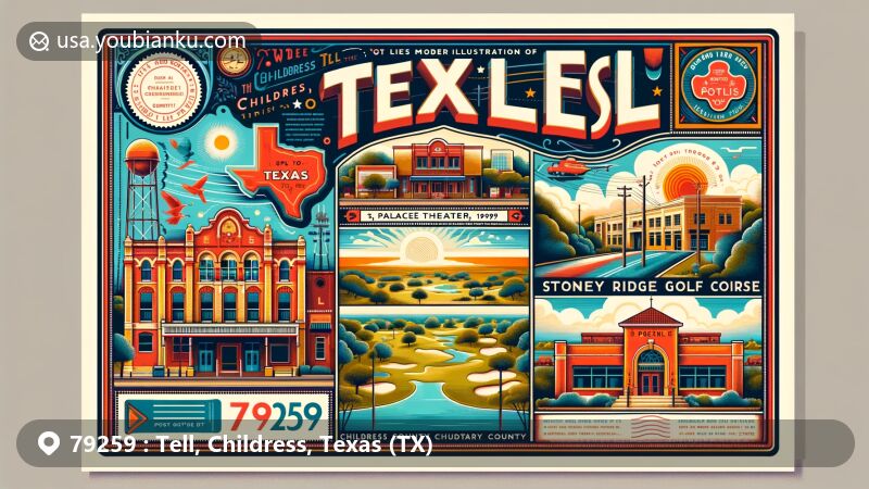 Modern postcard design for Tell, Childress, Texas (ZIP Code 79259) featuring landmarks like Palace Theater, Stoney Ridge Golf Course, and Childress County Heritage Museum.