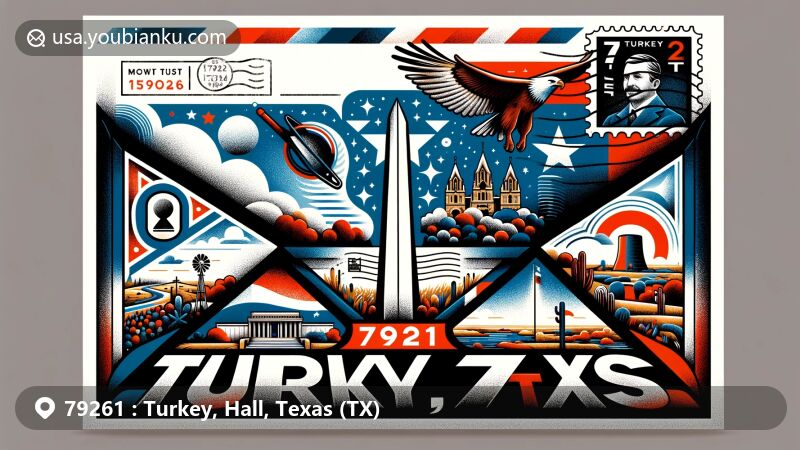 Modern illustration of Turkey, Hall County, Texas, showcasing postal theme with ZIP code 79261, featuring Bob Wills monument, Texas state flag, bluebonnets, and longhorns.