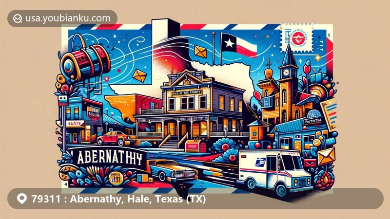 Modern illustration showcasing the small-town charm and history of Abernathy, Texas, featuring postal theme with ZIP Code 79311, Hale County outline, and Texas state flag.