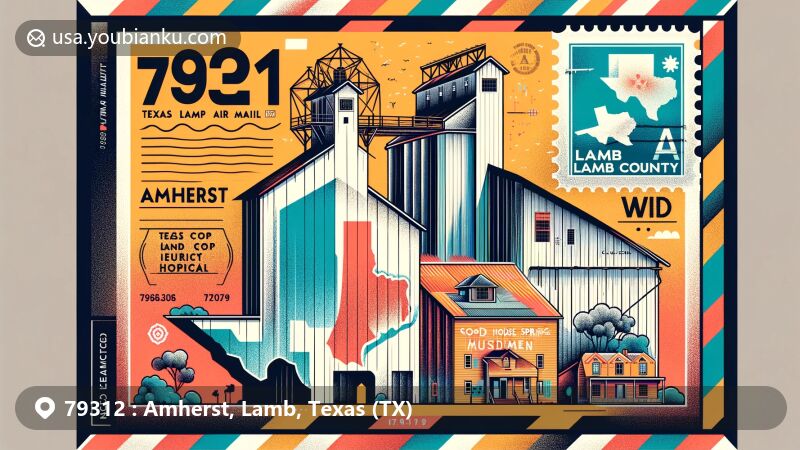 Modern illustration of Amherst area in Lamb County, Texas, featuring creative air mail envelope with ZIP code 79312, showcasing iconic grain elevators, Sod House Spring Monument, and co-op hospital.