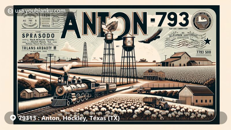 Modern illustration of Anton, Hockley County, Texas, capturing the essence of ZIP Code 79313 area with Llano Estacado location, Spade Ranch history, cotton fields, and vintage postal elements.