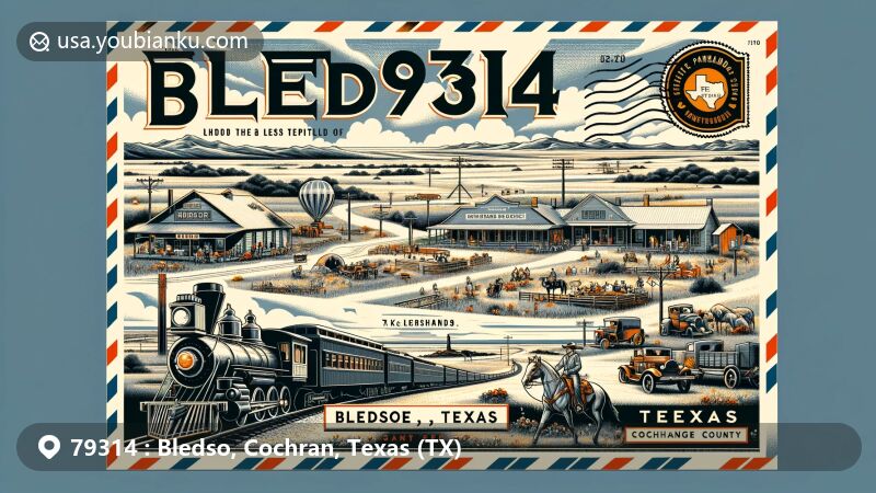 Modern illustration of Bledsoe, Texas, featuring ZIP code 79314, panoramic view of West Texas plains and distant mountains, Texas and Cochran County symbols, vintage railway element, and community celebration motifs.