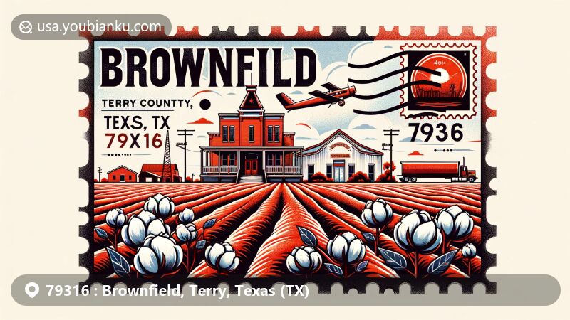 Modern illustration of Brownfield, Terry County, Texas, capturing local heritage with vibrant red soil and cotton farming background, featuring Terry County Heritage Museum and postal motifs.