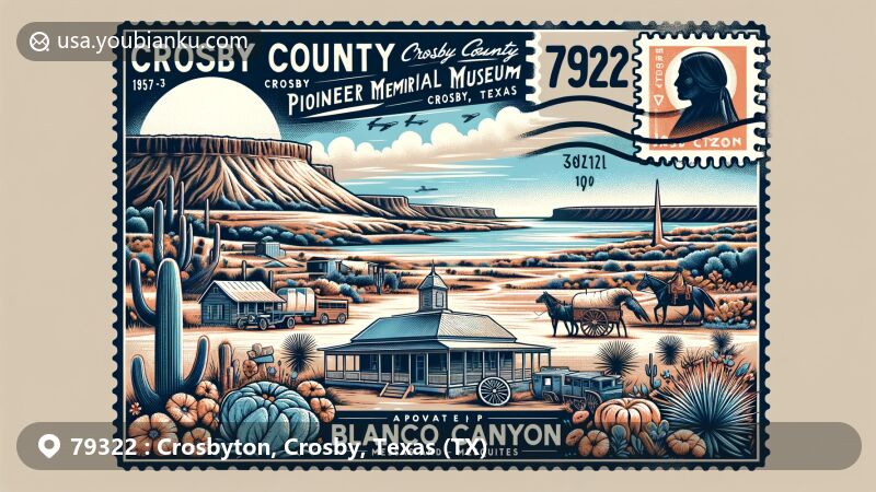 Modern illustration of Crosbyton, Crosby County, Texas, featuring Crosby County Pioneer Memorial Museum and Blanco Canyon, showcasing pioneer and Native American heritage, alongside local geography of mesas and mesquites, in a vintage postcard style with postal elements and ZIP Code 79322.