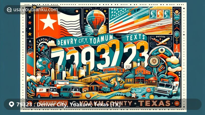 Modern illustration of Denver City, Yoakum County, Texas, showcasing postal theme with ZIP code 79323, featuring Texas state flag, Yoakum County outline, and iconic landmarks.