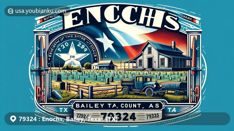 Modern illustration of Enochs Cemetery, Bailey County, Texas, featuring air mail envelope, Texas state flag, historical marker, rural scenery, and postal elements like ZIP code '79324', postmark, and vintage mail truck.