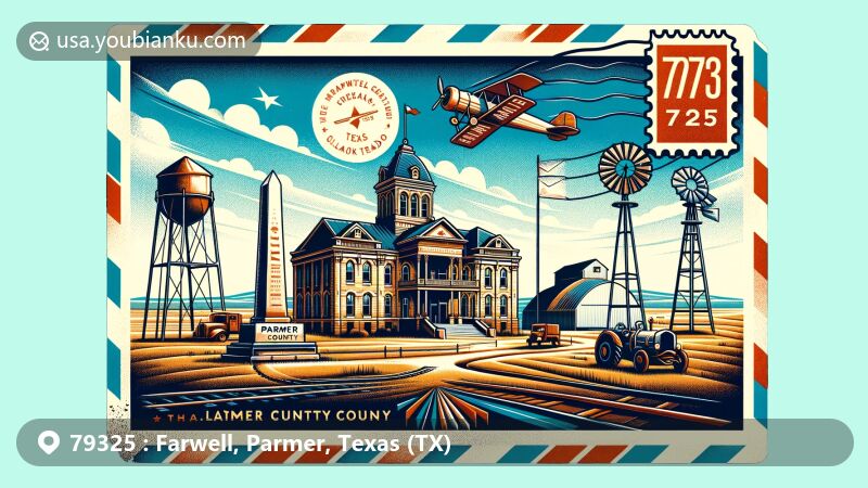 Modern illustration of Farwell, Texas, showcasing postal theme with ZIP code 79325, featuring Parmer County Courthouse and Ozark Trail obelisk against the vast plains of Llano Estacado.