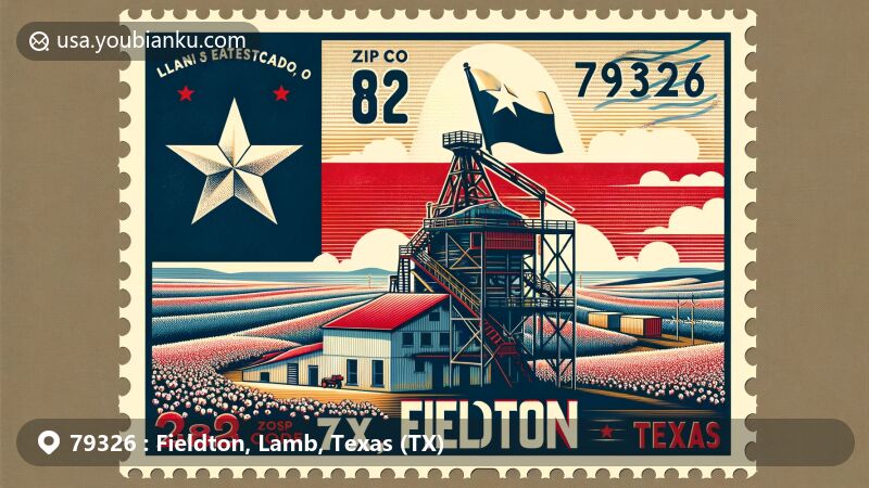 Modern illustration of Fieldton, Lamb County, Texas, capturing the essence of postal theme and cultural heritage, featuring the Llano Estacado high plains, Fieldton's cotton gin, and Texas flag.