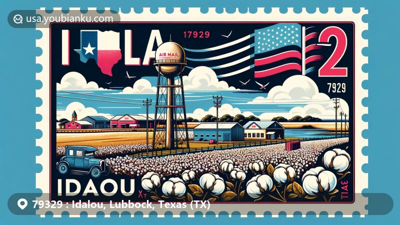 Modern illustration of Idalou, Texas, displaying iconic water tower and cotton fields, representing rich agricultural heritage, styled as a wide-format postcard with Texas state flag stamp and air mail border.