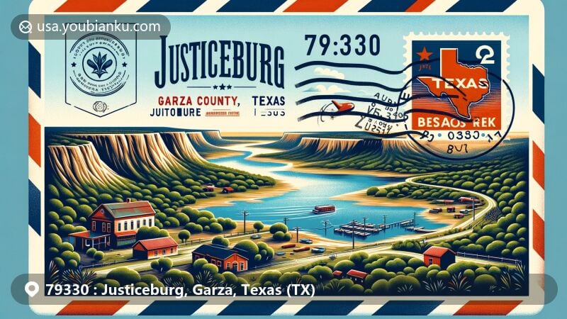 Modern illustration of Justiceburg, Garza County, Texas, with a postal theme representing ZIP code 79330, featuring Double Mountain Fork Brazos River, Justiceburg Lake, and Caprock Escarpment.