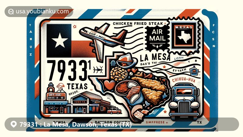 Modern illustration of La Mesa, Dawson County, Texas, showcasing postal theme with ZIP code 79331, featuring Texas state flag, chicken fried steak symbol, and Sky-Vue Drive-In Theater references.