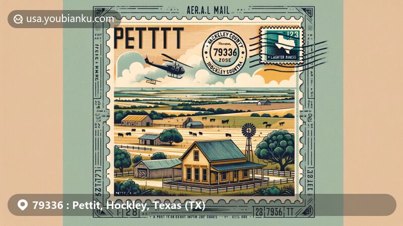 Modern illustration of Pettit, Hockley County, Texas, portraying ranching history with iconic Yellow House and Slaughter ranches, reflecting semi-arid climate and flat plains under clear sky, presented as aerial mail envelope with vintage design incorporating founding stamp of 1922, 79336 ZIP code, post office, and cotton gin.