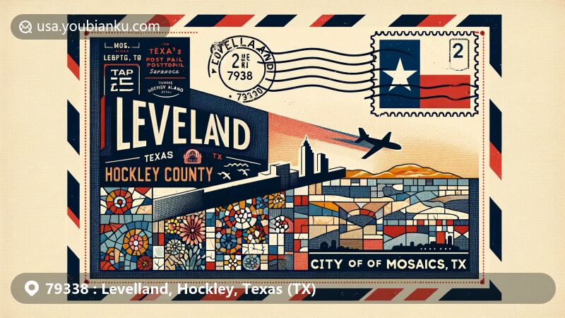 Modern illustration of Levelland, Hockley County, Texas, combining artistic mosaic style with postal elements like postmark and stamp, featuring Texas state flag background.