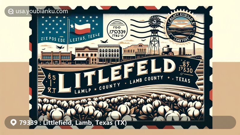 Modern illustration of Littlefield, Lamb County, Texas, with postal theme showcasing ZIP code 79339, incorporating Texas state flag, Lamb County outline, cotton plants, and modern architectural elements.