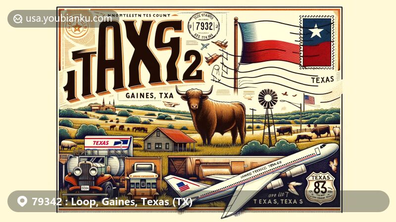 Modern illustration of Loop, Gaines County, Texas, with postal theme showcasing ZIP code 79342, featuring postcard, airmail envelope, stamps, postmark, Texas flag, and local landscape along Texas State Highway 83.