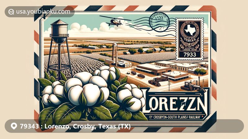 Modern illustration of Lorenzo, Texas, with ZIP code 79343, highlighting rich agricultural heritage and historical significance. Featuring cotton symbolizing the city's role, historical marker for Lorenzo's founding in 1911, and West Texas landscapes with water towers.