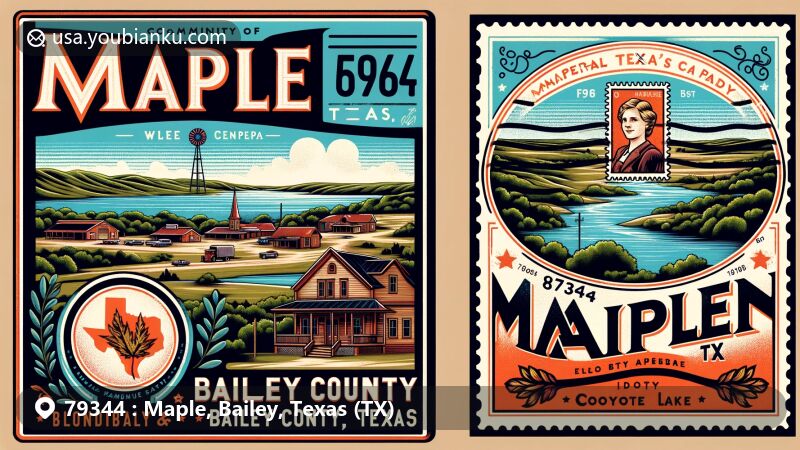 Modern illustration of Maple, Bailey County, Texas, showcasing scenic views of the Maple community along FM 596 with Coyote Lake in the background, depicting the harmonious coexistence of nature and history.