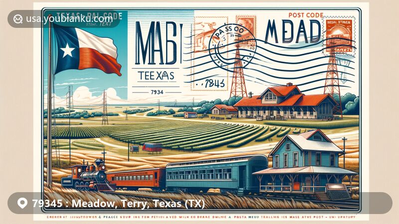 Modern illustration of Meadow, Terry County, Texas, showcasing geographical outline, old train station, vineyard landscape, and Texas state flag, with postal elements like stamps and postmark.