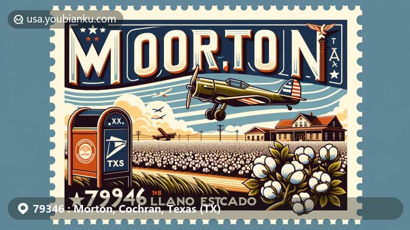 Modern illustration of Morton, Texas, showcasing postal theme with ZIP code 79346, featuring Lt. Col. George Andrew Davis, Jr.'s fighter plane, Texas’ Last Frontier Historical Museum, and cotton fields.