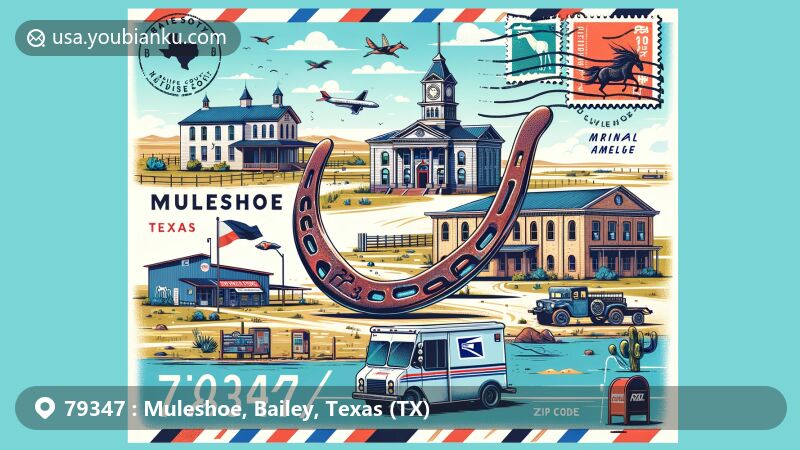 Modern illustration of Muleshoe, Bailey County, Texas, featuring prominent landmarks like Bailey County Courthouse, Muleshoe Heritage Center with the world's largest muleshoe, National Mule Memorial, Muleshoe National Wildlife Refuge, and postal elements for ZIP code 79347.