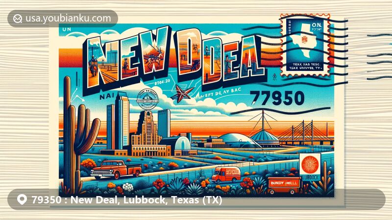 Modern illustration of New Deal, Texas, showcasing postal theme with ZIP code 79350, featuring Texas Tech University, Buddy Holly Center, and Llano Estacado landscape.