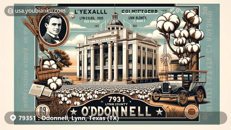 Modern wide-format illustration of O'Donnell, Lynn County, Texas, featuring O'Donnell Heritage Museum in a 1925 bank building, symbols of agricultural heritage like cotton, tribute to Dan Blocker, and backdrop of High Plains of Llano Estacado.