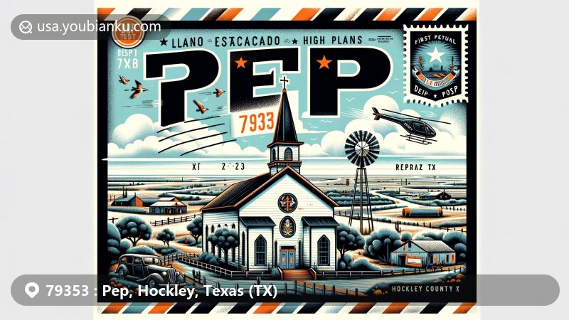 Modern illustration of Pep, Hockley County, Texas, featuring ZIP code 79353, highlighting the high plains of Llano Estacado and the first Catholic church in the county, with a central community theme. The design includes a decorated airmail envelope with illustrations of the annual community Thanksgiving dinner, integrating local traditions and heritage.