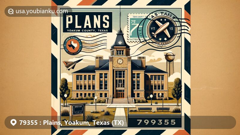 Modern illustration of Plains, Yoakum County, Texas, highlighting the Yoakum County Courthouse, historical marker, oil industry, ranching, and airmail envelope with Texas state flag postage stamp and ZIP code 79355.