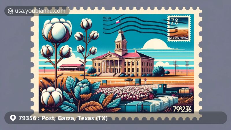 Modern illustration of Post, Garza County, Texas, featuring iconic Garza County Courthouse and surrounding cotton plants, set against the backdrop of the Llano Estacado, with vintage air mail envelope framing the scene.