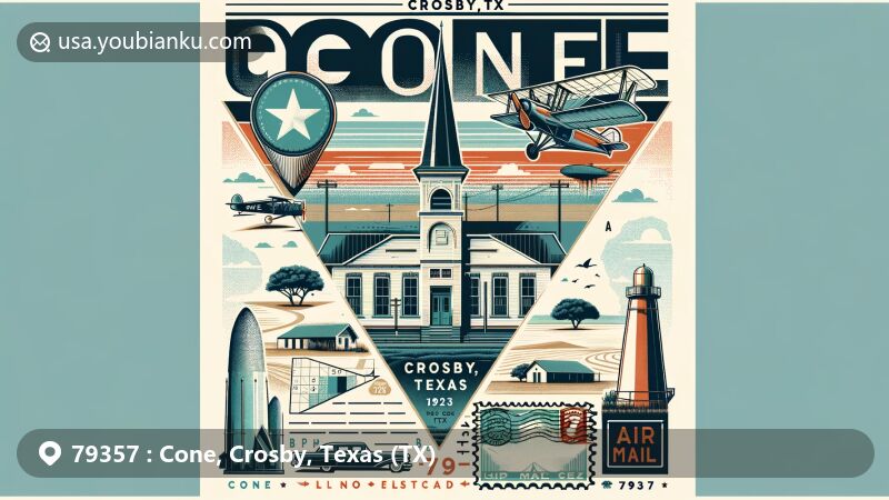 Modern illustration of Cone, Crosby County, Texas, showcasing postal theme with ZIP code 79357, featuring historical Cone school building from 1923 and the scenic landscape of the Llano Estacado region.